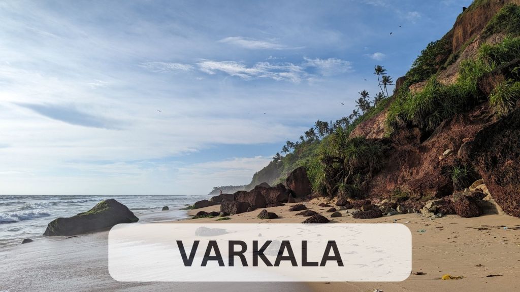 Varkala beach with red laterite cliffs and Arabian Sea, Kerala