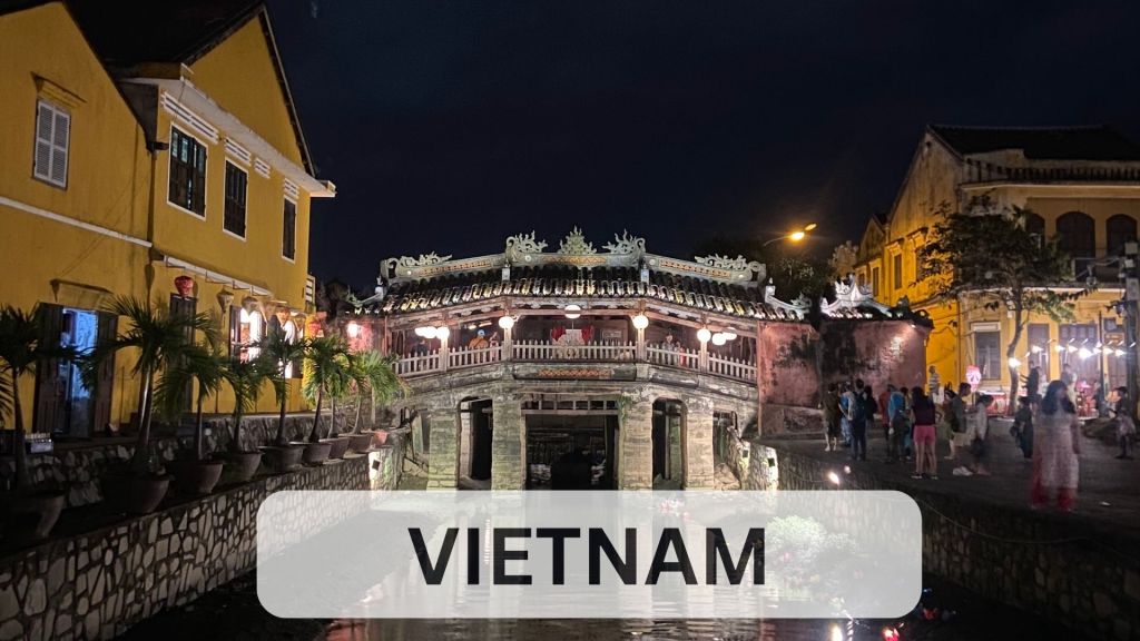 Japanese Covered Bridge lit up at night in Hoi An Ancient Town, Vietnam